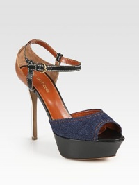 Gleaming leather platform design enlivened by a metallic leather heel, stretchy denim upper and an adjustable ankle strap. Metallic leather heel, 5 (125mm)Covered platform, 1½ (40mm)Compares to a 3½ heel (90mm)Denim and leather upperLeather lining and solePadded insoleMade in ItalyOUR FIT MODEL RECOMMENDS ordering true size. Gleaming leather platform design enlivened by a metallic leather heel, stretchy denim upper and an adjustable ankle strap. Metallic leather heel, 5 (125mm)Covered platform, 1½ (40mm)Compares to a 3½ heel (90mm)Denim and leather upperLeather lining and solePadded insoleMade in ItalyOUR FIT MODEL RECOMMENDS ordering true size.