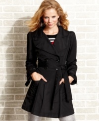 XOXO updates the classic trench coat with adorable puff sleeves and an a-line skirt of crisp pleats. XOXO updates the classic trench coat with adorable puff sleeves and an a-line skirt of crisp pleats.