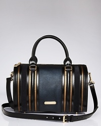 Glossy embellishments lend a polished, tailored look to this Burberry leather satchel. Its curvy silhouette is secured by a zip closure, which opens to a lined interior with 3 pockets. Glossy embellishments lend a polished, tailored look to this Burberry leather satchel. Its curvy silhouette is secured by a zip closure, which opens to a lined interior with 3 pockets.