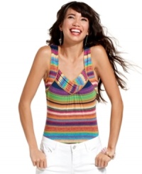 Eye-catching Crayola stripes and girlish, lace trims elevate this American Rag top from great to glorious! Eye-catching Crayola stripes and girlish, lace trims elevate this American Rag top from great to glorious!
