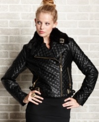 Make a statement in this edgy faux-leather cropped moto jacket from Baby Phat! A chic removable faux-fur collar, on-trend quilting, and sleek buckle and zipper accents create a spellbinding look fit for the fiercest of chicks! Make a statement in this edgy faux-leather cropped moto jacket from Baby Phat! A chic removable faux-fur collar, on-trend quilting, and sleek buckle and zipper accents create a spellbinding look fit for the fiercest of chicks!