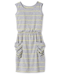 Great for the beach or the streets, this so-comfy jersey tank dress has high-voltage yellow stripes and ruched oversized pockets for an on-trend look. Great for the beach or the streets, this so-comfy jersey tank dress has high-voltage yellow stripes and ruched oversized pockets for an on-trend look.