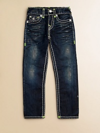 Thick, contrast stitching with neon bartacks, silvertone hardware and signature horseshoe pockets define this slim-fitting, dark wash pair.Front button closureAdjustable waistband with belt loopsZip flyFive-pocket styleCottonMachine washImported of domestic fabric Thick, contrast stitching with neon bartacks, silvertone hardware and signature horseshoe pockets define this slim-fitting, dark wash pair.Front button closureAdjustable waistband with belt loopsZip flyFive-pocket styleCottonMachine washImported of domestic fabric
