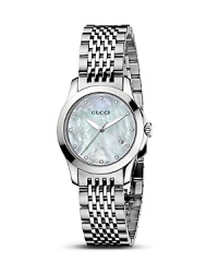 A stainless steel watch from the Gucci G-Timeless collection. Round mother-of-pearl dial set with 12 diamonds. Sweep second hand and date window. A stainless steel watch from the Gucci G-Timeless collection. Round mother-of-pearl dial set with 12 diamonds. Sweep second hand and date window.