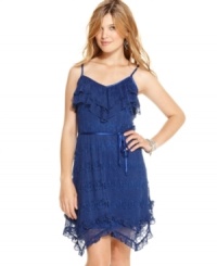 Cater to your femme style with this lace dress from BCX that features tiers of ruffles at the bodice and a cute, belted waist! Cater to your femme style with this lace dress from BCX that features tiers of ruffles at the bodice and a cute, belted waist!