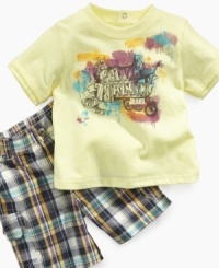 He'll have a VIP pass into cool casual style when he rocks out in this darling t-shirt and short set from Calvin Klein Jeans. He'll have a VIP pass into cool casual style when he rocks out in this darling t-shirt and short set from Calvin Klein Jeans.