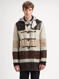 Ombré stripes and faux leather panels add modern style to this vintage-inspired design. Hood with stud details Front toggle closureLong sleeves Faux leather shoulder panels Front snap flap pockets Back faux leather yoke Back vented hem with snap closureAbout 36 from shoulder to hem 46% wool/26% polyacrylic/16% polyamide Lining: 50% cotton/50% bemberg Dry clean Made in USA Ombré stripes and faux leather panels add modern style to this vintage-inspired design. Hood with stud details Front toggle closureLong sleeves Faux leather shoulder panels Front snap flap pockets Back faux leather yoke Back vented hem with snap closureAbout 36 from shoulder to hem 46% wool/26% polyacrylic/16% polyamide Lining: 50% cotton/50% bemberg Dry clean Made in USA
