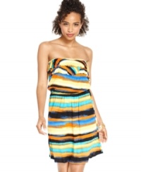 Strips of sunset-inspired colors race across Eyeshadow's ruffled day dress. Pair the frock with flats or sandals for an outfit that's all about easygoing style! Strips of sunset-inspired colors race across Eyeshadow's ruffled day dress. Pair the frock with flats or sandals for an outfit that's all about easygoing style!