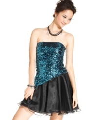 Bright sequins dive asymmetrically onto a skirt of fun and flirty tulle on Jump's strapless party dress -- a perfect pick for dancing til dawn! Bright sequins dive asymmetrically onto a skirt of fun and flirty tulle on Jump's strapless party dress -- a perfect pick for dancing til dawn!