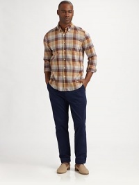 True cotton classic in a rich plaid with button-down collar.Chest pocketLong sleevesButton cuffsBack yoke and pleat detailAbout 29¼ from shoulder to hemCottonMachine washMade in USA of imported fabric True cotton classic in a rich plaid with button-down collar.Chest pocketLong sleevesButton cuffsBack yoke and pleat detailAbout 29¼ from shoulder to hemCottonMachine washMade in USA of imported fabric
