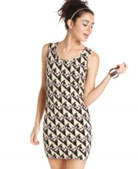 Geometric print infuses mod style into a dress from Material Girl that flaunts your curves in the boldest way. Check out the cool cutouts at the back for an added treat! Geometric print infuses mod style into a dress from Material Girl that flaunts your curves in the boldest way. Check out the cool cutouts at the back for an added treat!