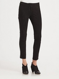 Glossy patent leather piping outlines these cropped leggings of soft, French suede. Hook-and-eye closureZip flyFully linedRise, about 8Inseam, about 27Suede with patent leather trimDry clean with leather specialistImported of French fabricModel shown is 5'11 (178cm) wearing US size 4. Glossy patent leather piping outlines these cropped leggings of soft, French suede. Hook-and-eye closureZip flyFully linedRise, about 8Inseam, about 27Suede with patent leather trimDry clean with leather specialistImported of French fabricModel shown is 5'11 (178cm) wearing US size 4.