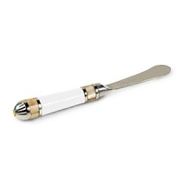 Hand made handles in sand-casted aluminum decorated with a trademark blend of enamel infused with crushed mother of pearl. Framed with hand cut inlaid mother of pearl mosaic borders. Spreader knife made in stainless steel for easy care. No two will be alike. Hand made handles in sand-casted aluminum decorated with a trademark blend of enamel infused with crushed mother of pearl. Framed with hand cut inlaid mother of pearl mosaic borders. Spreader knife made in stainless steel for easy care. No two will be alike.