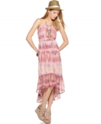 Rock a boho vibe with Bar III's strapless maxi dress, finished by tie-dyed print. Rock a boho vibe with Bar III's strapless maxi dress, finished by tie-dyed print.