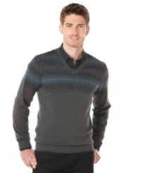 A funky dot pattern decorates the top of this v-neck sweater by Perry Ellis giving it a modern style. A funky dot pattern decorates the top of this v-neck sweater by Perry Ellis giving it a modern style.
