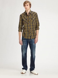 Heritage Western inspiration for everywhere you roam, cut with an angled yoke and a pair of embroidered flap pockets in bold, plaid-checked cotton. SnapfrontChest flap pocketsCottonMachine washImported Heritage Western inspiration for everywhere you roam, cut with an angled yoke and a pair of embroidered flap pockets in bold, plaid-checked cotton. SnapfrontChest flap pocketsCottonMachine washImported