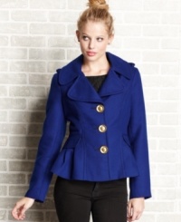 Just because it's cold outside doesn't mean you can't flaunt fab style! This sweet peplum pea coat from XOXO, featuring a wide-notched collar and exposed zippers at the sleeves, is picture perfect at every angle! Just because it's cold outside doesn't mean you can't flaunt fab style! This sweet peplum pea coat from XOXO, featuring a wide-notched collar and exposed zippers at the sleeves, is picture perfect at every angle!