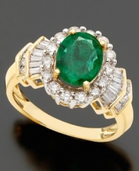 Cultured elegance. This ring features oval-cut emerald (1-1/5 ct. t.w.) and baguette-cut diamond (5/8 ct. t.w.) set in 14k gold. Cultured elegance. This ring features oval-cut emerald (1-1/5 ct. t.w.) and baguette-cut diamond (5/8 ct. t.w.) set in 14k gold.