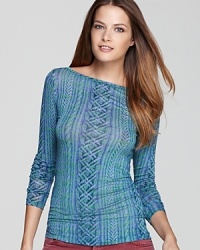 A geometric pattern prettifies this BCBGMAXAZRIA top, formulated in a lightweight, easy-to-wear stretch knit. A geometric pattern prettifies this BCBGMAXAZRIA top, formulated in a lightweight, easy-to-wear stretch knit.