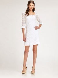 Chic crochet adds a romantic feel to this curve-hugging, combed cotton shift. Square neckThree-quarter sleevesRuffle cuffsAllover crochetFully linedAbout 21 from natural waistCottonHand washImported Model shown is 5'10 (177cm) wearing US size Small. Chic crochet adds a romantic feel to this curve-hugging, combed cotton shift. Square neckThree-quarter sleevesRuffle cuffsAllover crochetFully linedAbout 21 from natural waistCottonHand washImported Model shown is 5'10 (177cm) wearing US size Small.