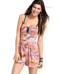 Material Girl offsets a soft print with an industrial-tough zipper on a romper that masters fun, summery style! Material Girl offsets a soft print with an industrial-tough zipper on a romper that masters fun, summery style!