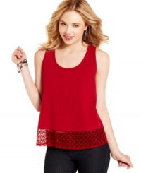 A crochet back and hem design adds summer-ready, bohemian flair to this racerback top from Pink Rose! A crochet back and hem design adds summer-ready, bohemian flair to this racerback top from Pink Rose!