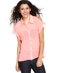 Pretty Rebellious brings the season's hottest trends together on a blouse crafted from sheer chiffon and sporting chic shoulder cutouts! Pretty Rebellious brings the season's hottest trends together on a blouse crafted from sheer chiffon and sporting chic shoulder cutouts!