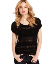 Rock cooler-than-average style with this Pretty Rebellious top, where an edgy, open-knit front joins forces with a sheer, polkadot-print back! Rock cooler-than-average style with this Pretty Rebellious top, where an edgy, open-knit front joins forces with a sheer, polkadot-print back!