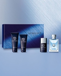 The Versace Pour Homme Holiday Set II includes a 3.4 oz. Eau de Toilette Spray, 3.4 oz. Shower Gel, 2.5 oz. After Shave Lotion and a 2.5 oz. Deodorant Stick. The Versace Pour Homme Holiday Set II includes a 3.4 oz. Eau de Toilette Spray, 3.4 oz. Shower Gel, 2.5 oz. After Shave Lotion and a 2.5 oz. Deodorant Stick.