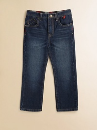 A classic pair of jeans for your little man with all the traditional touches.Front snap closureAdjustable waistband with belt loopsZip flyFive-pocket style80% cotton/20% polyesterMachine washImported A classic pair of jeans for your little man with all the traditional touches.Front snap closureAdjustable waistband with belt loopsZip flyFive-pocket style80% cotton/20% polyesterMachine washImported