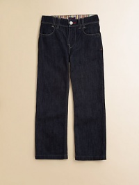 An everyday must-have in dark denim with cool striped detailing inside the waist.Button frontWaistband with belt loopsZip flyFlat frontFront slash pocketsBack patch pocketsCottonMachine washImported of French fabric An everyday must-have in dark denim with cool striped detailing inside the waist.Button frontWaistband with belt loopsZip flyFlat frontFront slash pocketsBack patch pocketsCottonMachine washImported of French fabric