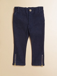 An everyday essential, these adorably girly jeans feature bows and zippers, in a slim-fitting silhouette.Front button closureElastic waistband with belt loopsZip flyFront slash pocketsBack patch pocketsZippered hem98% cotton/2% spandexMachine washImported An everyday essential, these adorably girly jeans feature bows and zippers, in a slim-fitting silhouette.Front button closureElastic waistband with belt loopsZip flyFront slash pocketsBack patch pocketsZippered hem98% cotton/2% spandexMachine washImported