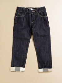 Distressed medium-wash denim can be rolled up for a new look with check cuffs.Zip fly with waist-button closure Elastic waist Five-pocket style Back leather logo patch 98% cotton/2% elastane Machine wash Imported Distressed medium-wash denim can be rolled up for a new look with check cuffs.Zip fly with waist-button closure Elastic waist Five-pocket style Back leather logo patch 98% cotton/2% elastane Machine wash Imported