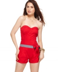 See red -- and gingham! -- on blazing days in this fiery, bustier-style romper from Tommy Girl! For a look that ups the style ante, accessorize the one-piece with a bevy of colorful bangles! See red -- and gingham! -- on blazing days in this fiery, bustier-style romper from Tommy Girl! For a look that ups the style ante, accessorize the one-piece with a bevy of colorful bangles!