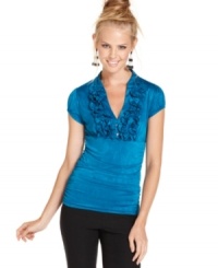 Bedecked in ruffles and rocking a cool textured design, Urban Heart's textured top spruces up your denim and trousers alike. Bedecked in ruffles and rocking a cool textured design, Urban Heart's textured top spruces up your denim and trousers alike.