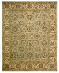For the Jaipur collection Nourison uses a unique herbal wash to create the silky sheen and antique appearance of these fine wool rugs. In a delicate seafoam hue with an ornate medallion and bloom motif, the rug enhances your home with lavishly elegant style.