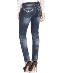 Rhinestones and sequins add glam to these Miss Me skinny jeans -- perfect for sparkly eye-catching appeal! Rhinestones and sequins add glam to these Miss Me skinny jeans -- perfect for sparkly eye-catching appeal!