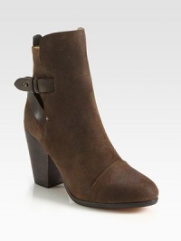 Textured nubuck pairs with smooth leather straps in this trend-smart ankle boot with a commanding heel. Stacked heel, 3¾ (95mm)Nubuck leather upper with leather trimAdjustable leather strap with metal pull-tab closureLeather lining and solePadded insoleImported Textured nubuck pairs with smooth leather straps in this trend-smart ankle boot with a commanding heel. Stacked heel, 3¾ (95mm)Nubuck leather upper with leather trimAdjustable leather strap with metal pull-tab closureLeather lining and solePadded insoleImported