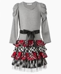 Fashion forward. Traditional plaid accents this tiered-skirt dress from Bonnie Jean to help her shake up the scene. (Clearance) Fashion forward. Traditional plaid accents this tiered-skirt dress from Bonnie Jean to help her shake up the scene. (Clearance)