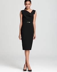 This Black Halo dress lends an ultra-sophisticated look with a waist-defining belt and office-ready sheath silhouette. This Black Halo dress lends an ultra-sophisticated look with a waist-defining belt and office-ready sheath silhouette.