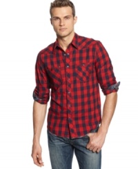 Fresh western. Wield some southwestern style with this buffalo check plaid shirt from Vintage Red. Fresh western. Wield some southwestern style with this buffalo check plaid shirt from Vintage Red.