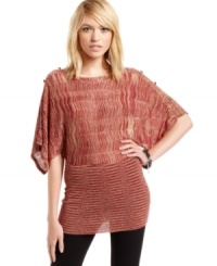 XOXO's top zigzags to a new, sultry place! Bold, buttoned shoulders play off the metallic shine in the knit. XOXO's top zigzags to a new, sultry place! Bold, buttoned shoulders play off the metallic shine in the knit.