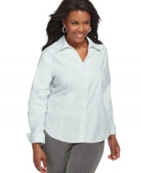 Looking classically chic just got easier with Jones New York Collection's long sleeve plus size shirt, crafted from wrinkle-resistant cotton. (Clearance) Looking classically chic just got easier with Jones New York Collection's long sleeve plus size shirt, crafted from wrinkle-resistant cotton. (Clearance)