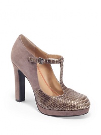 THE LOOKPython-embossed round toe and T-strapSuede upperPadded insoleSuede-covered heel, 4½ (115mm)Self-covered platform, ½ (15mm)Compares to a 4 heel (100mm)THE MATERIALSuede upperMan-made lining and soleORIGINImported THE LOOKPython-embossed round toe and T-strapSuede upperPadded insoleSuede-covered heel, 4½ (115mm)Self-covered platform, ½ (15mm)Compares to a 4 heel (100mm)THE MATERIALSuede upperMan-made lining and soleORIGINImported
