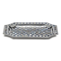 Hand made in sand-cast aluminum decorated with our trademark blend of enamel infused with crushed mother of pearl. Beautiful mosaic borders of hand cut inlaid Mother of Pearl tiles frame each piece - no two are alike. Perfect size to serve meats and vegetables. Pair with any of the smaller sized bowls to create an unique appetizer tray. Food safe. Hand made in sand-cast aluminum decorated with our trademark blend of enamel infused with crushed mother of pearl. Beautiful mosaic borders of hand cut inlaid Mother of Pearl tiles frame each piece - no two are alike. Perfect size to serve meats and vegetables. Pair with any of the smaller sized bowls to create an unique appetizer tray. Food safe.