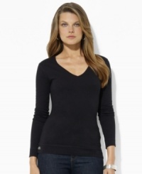Lauren Jeans Co.'s long-sleeved tee is rendered in lightweight cotton jersey with a chic V-neckline for a timeless look. Lauren Jeans Co.'s long-sleeved tee is rendered in lightweight cotton jersey with a chic V-neckline for a timeless look.