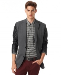 Uptown polish meets downtown rock with this faux-leather moto-inspired sport coat from Bar III. Uptown polish meets downtown rock with this faux-leather moto-inspired sport coat from Bar III.