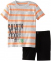Calvin Klein Baby-boys Infant Stripes Tee with Shorts, Orange, 12 Months