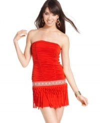 Endorse fun style in this strapless dress from Baby Phat! Designed with a skirt of fringes, this party number is all about movement! Endorse fun style in this strapless dress from Baby Phat! Designed with a skirt of fringes, this party number is all about movement!