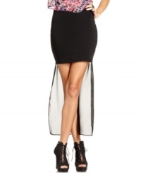 A panel of sheer fabric creates extreme high-low style on this itty-bitty bodycon skirt from Material Girl. Rock the piece with a pair of sky-high heels for a look that's got that edge. A panel of sheer fabric creates extreme high-low style on this itty-bitty bodycon skirt from Material Girl. Rock the piece with a pair of sky-high heels for a look that's got that edge.
